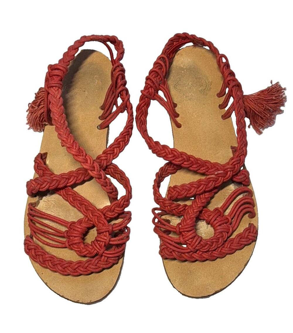 Women’s Red Macrame Sandals Size 7 Braided Tassel Boho Festival Made in India